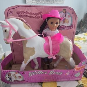Pink and White Horse and Doll Set